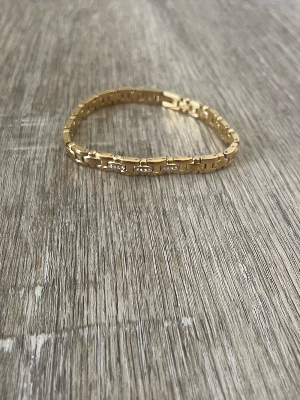 Gold Tone Link Bracelet 7” Rhinestone Accent Rectangular Chain Bracelet